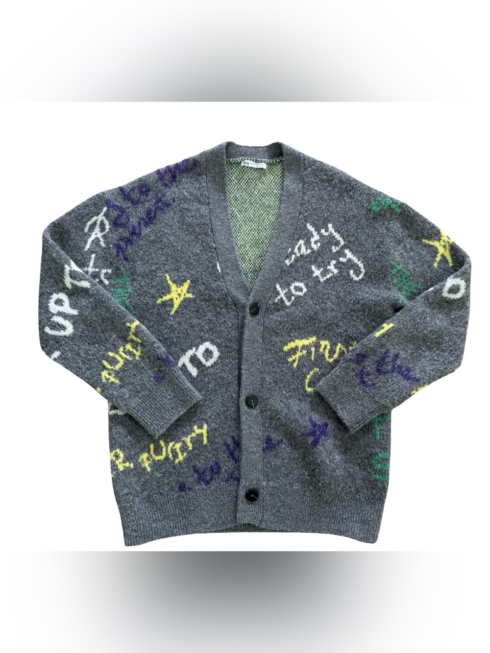 Zara Graffiti Jacquard Oversized Fuzzy Knit Cardigan S/M Gray Wool blend Men’s